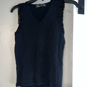 Zara Black V-Neck Tank with Fringe Details